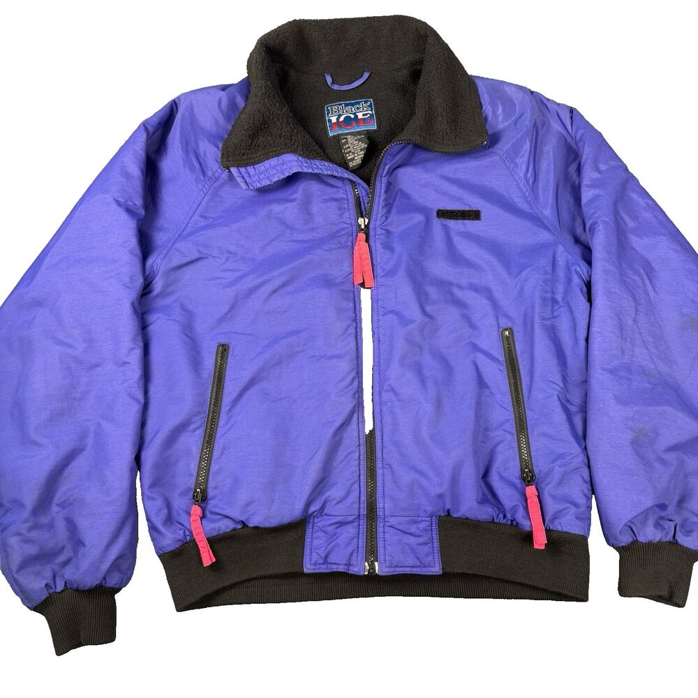 Vintage Black Ice Bomber Ski Jacket Purple Fleece Lined Zip Insulated Men Medium